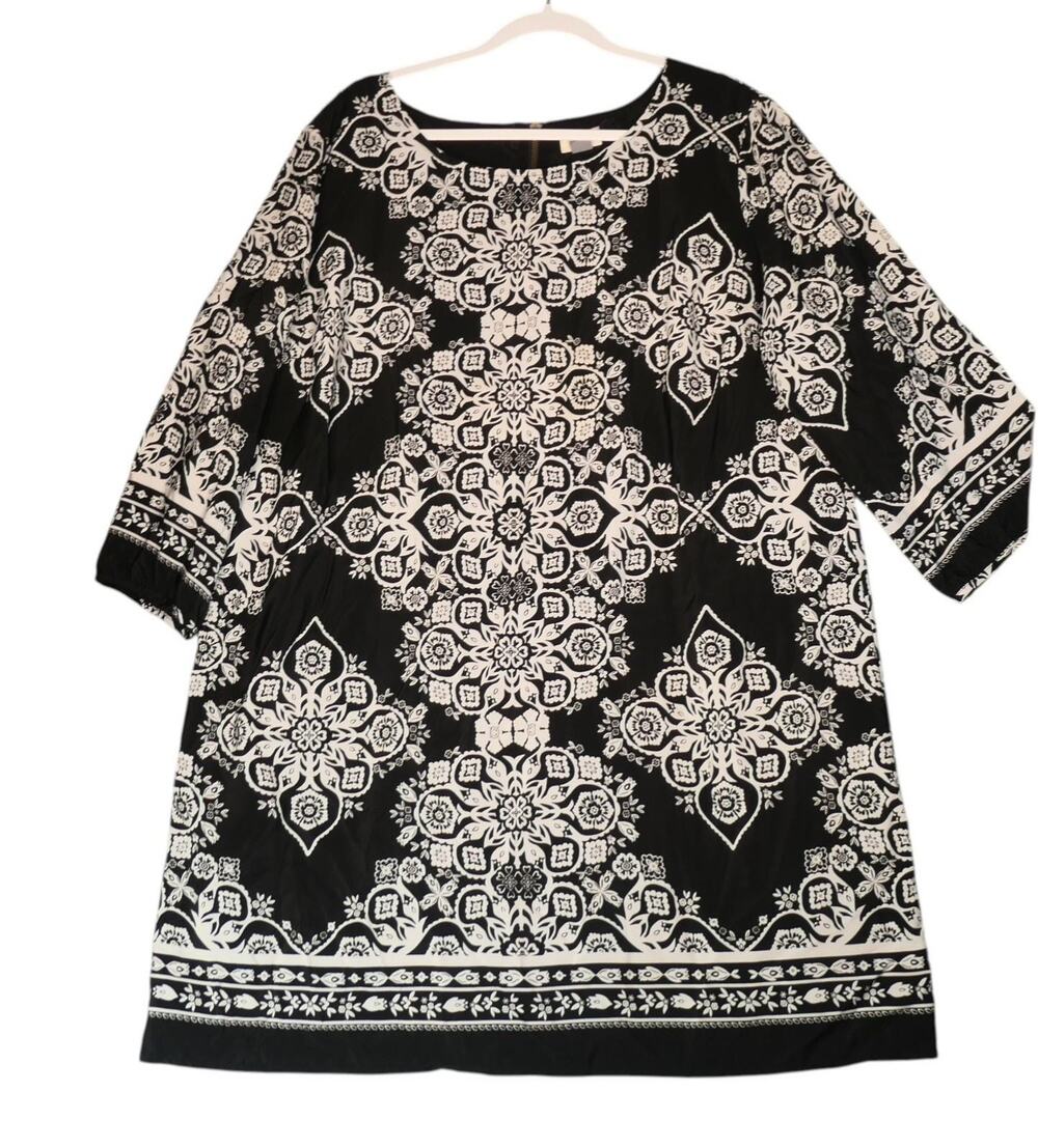 Old Navy Mini Dress Womens 2XL Black White Boho Floral 3/4 Sleeve Sheath Career